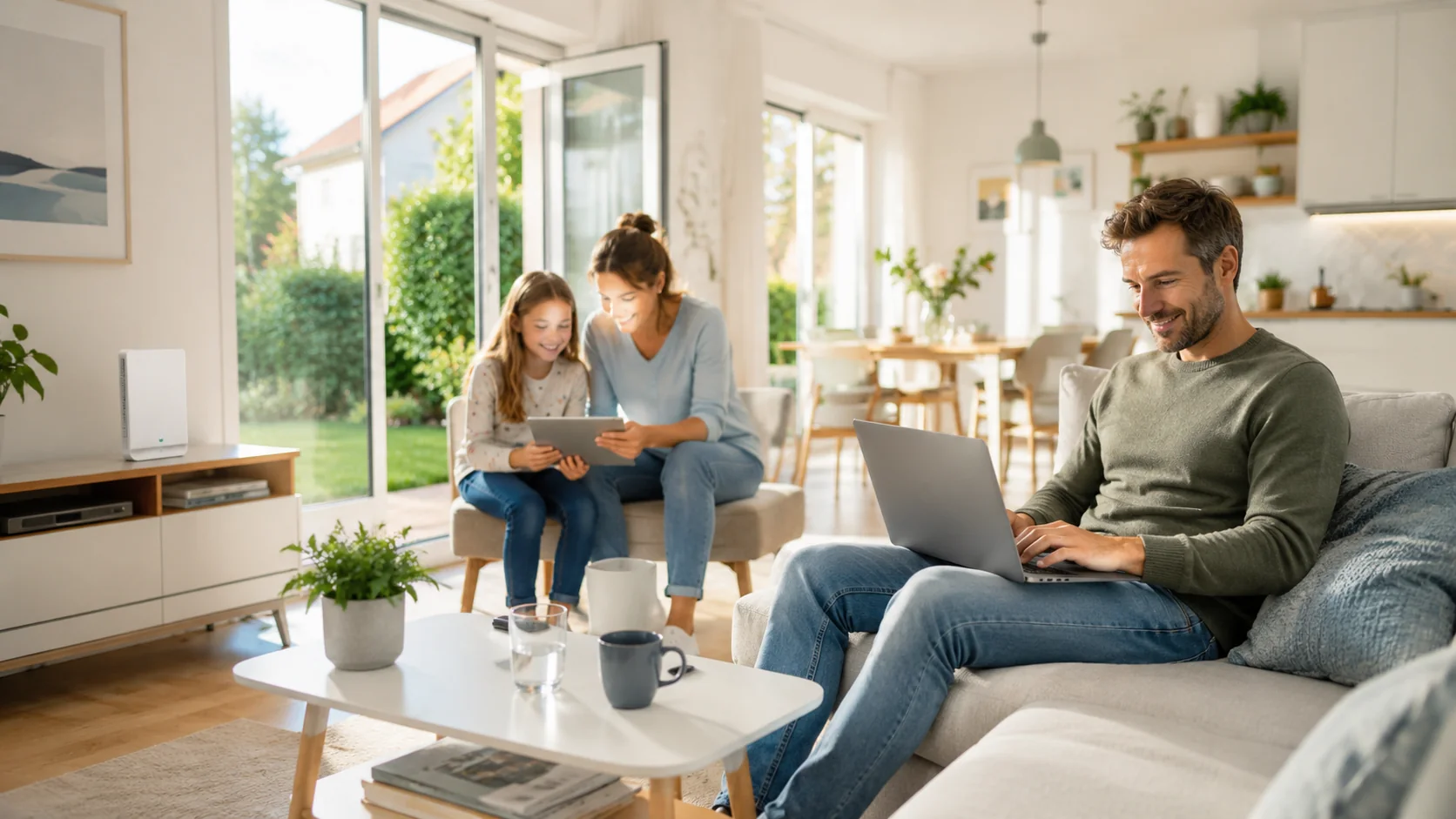 Familie nutzt schnelles Internet zu Hause für Homeoffice, Streaming und Surfen